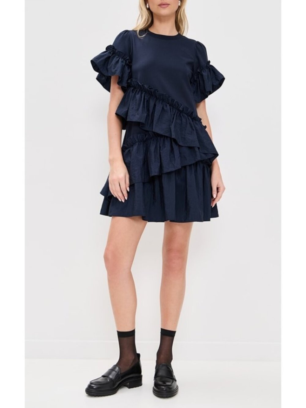 Cinq à Sept Kendria Mini Dress Navy Blue Ruffled Flutter Sleeve Lightweight Sz L